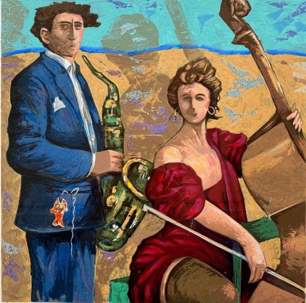 Donna con violoncello e uomo con Sax
