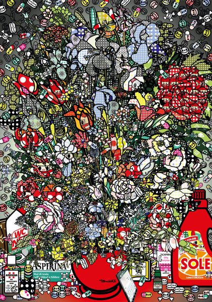 Flowers after Jan Brueghel elder with Amuchina, Aspirina, WCNET, Louis Vuitton, Chanel, Tachipirina, Sole, Rinazina