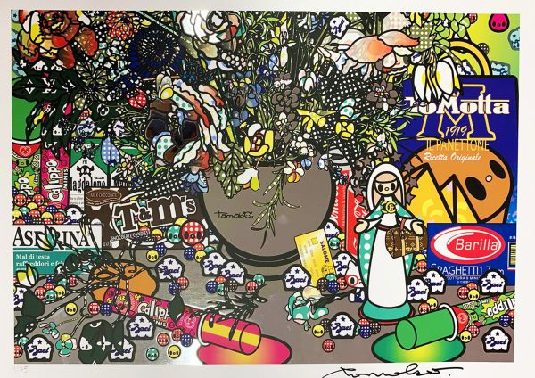 Detail 2 of Flowers 2 after Jan Brueghel elder with Aspirina, Barilla, Baci, Calippo, Cola, Louis Vuitton, Motta, Tm, Visa and Maddonna (INSERTI SILVER METAL)