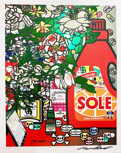 Detail 1 of Flowers after Jan Brueghel elder with Amuchina, Aspirina, WCNET, Louis Vuitton, Chanel, Tachipirina, Sole, Rinazina (INSERTI GREEN METAL)