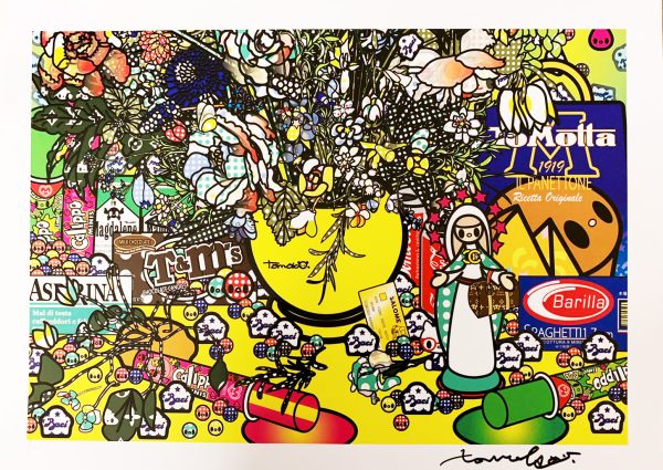 Detail 2 of Flowers 2 after Jan Brueghel elder with Aspirina, Barilla, Baci, Calippo, Cola, Louis Vuitton, Motta, Tm, Visa and Maddonna (INSERTI NERO LUCIDO)