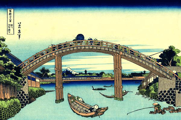 Hokusai, Il Monte Fuji visto da sotto il ponte di Mannen a Futagawa